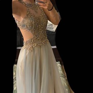 tan and baby blue prom dress
